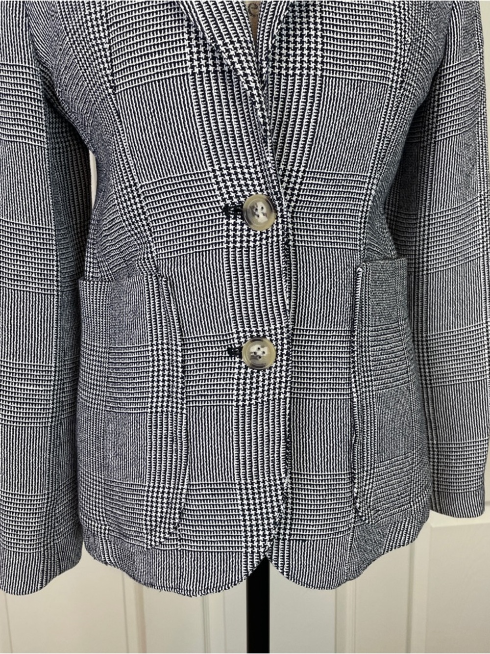 SMYTHE Portrait Neck Blazer Navy Prince of Wales Glen Plaid Linen Blend 8 - Picture 4 of 10